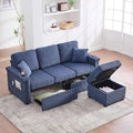 L-Shaped Sectional Sofa with Storage &amp Movable Ottoman Corduroy 3 Seater Sectional Couch with USB Charging Cup Holder &amp LED Light Couches for Living Room (Navy 76.38)