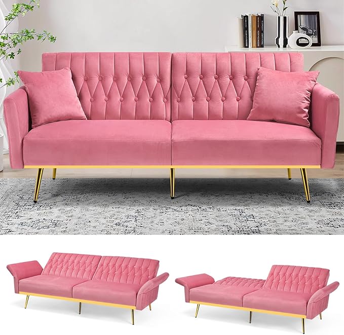 70 Velvet Futon with Adjustable Backrest and Armrests Sofa Bed with Extra Pillows for Waiting Room Living Room and Office Pink