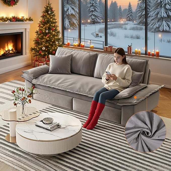 73.2 Queen Pull Out Sofa Bed Pullout Sofabed 3 in 1 Convertible Sleeper Couch Velvet Loveseat Futon with 2 Soft Pillows for Living Room Apartment Small Space