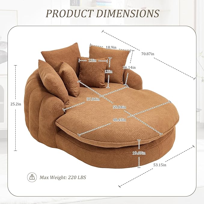 KEIKI 71 Chenille Round Boneless Sofa Couch Oversized Chaise Lounge Chair Couches Indoor No Assembly Required Floor Lazy Bean Bag Modern Sleeper Sofa Bed for Living Guest Room &amp Bedroom Brown