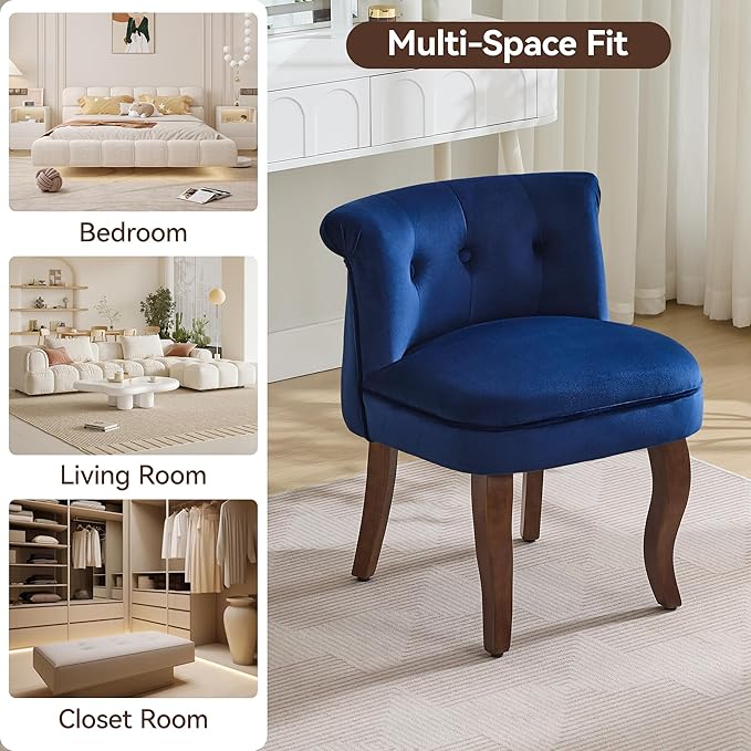 Velvet Vanity Chair with Back Tufted Upholstered Vanity Stool with Solid Wood Legs Mid Century Small Makeup Chair for Vanity Accent Chair for Bedroom Living Room Navy