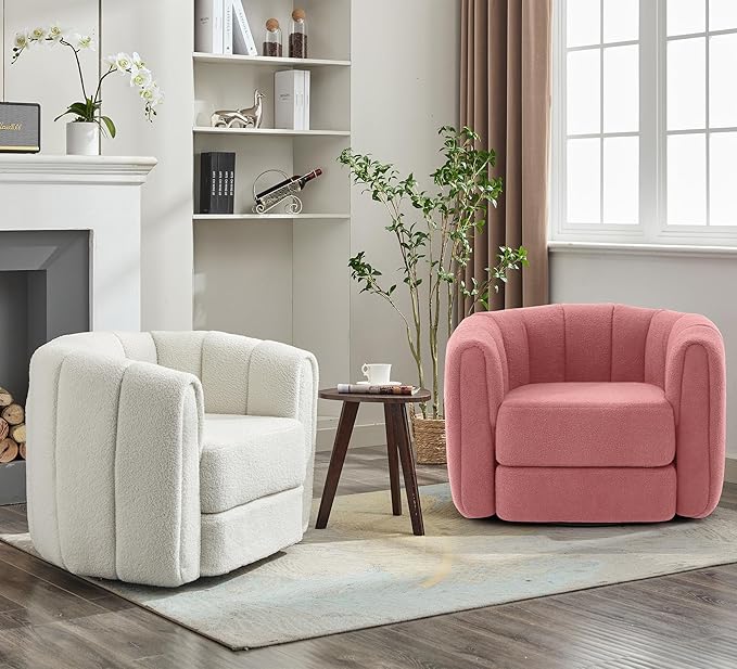 Swivel Accent Chairs Set of 2 for Living Room Teddy Fabric 360 Degree Round Swivel Barrel Armchair Pumpkin Shaped Single Club Sofa Recliner Chairs for Home Bedroom Apartment Office (Pink)