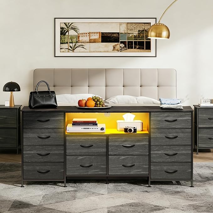 Black TV Stand for 65 70 75 inch TV Entertainment Center with LED Lights &amp Charging Station TV Media Console Table with 12 Fabric Drawers and Open Shelves for Living Room Hallway