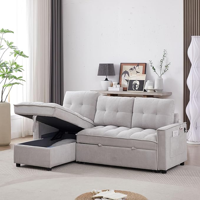 Reversible Sectional Sleeper - Pull Out Sofa Bed Couch with USB and Tape-c Charging Ports L-Shape Sleeper Sectional Sofa Couch for Living Room Office and Small Apartment (Light Grey)