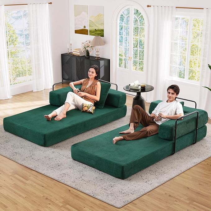 Antetek Modular Futon Sofa Bed Convertible Folding Corduroy Comfy Memory Foam Floor 3 Seater Loveseat Sleeper Sofa Couch Bed Chaise Lounge with 2 Pillows for Guest Room Living Room Office Green