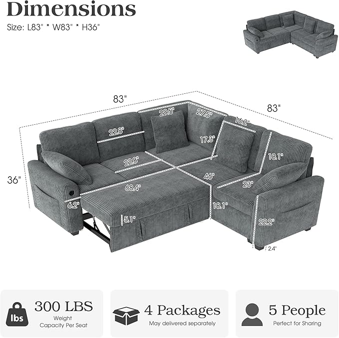 Ihanherry 83-inch 5-Seater Large Sectional Sofa Bed with Storage Corduroy Reversible Modular Sleeper Sofa with USB Port &amp 4 Pillows Convertible L-Shaped Couch for Living Room（Gray）