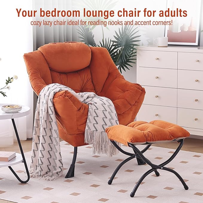 Lazy Chair with Ottoman Modern Accent Chair with Armrests and a Side Pocket Velvet Orange Accent Chairs Reading Chairs Oversized Armchairs for Bedroom Study Living Room Courtyard