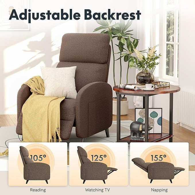 FLEXISPOT XC2 Recliner Chair for Adults Fabric Small Reclining Chair Home Theater Seating with Side Pockets Adjustable Modern Single Sofa Armchair Extended Footrest for Living Room(Brown)