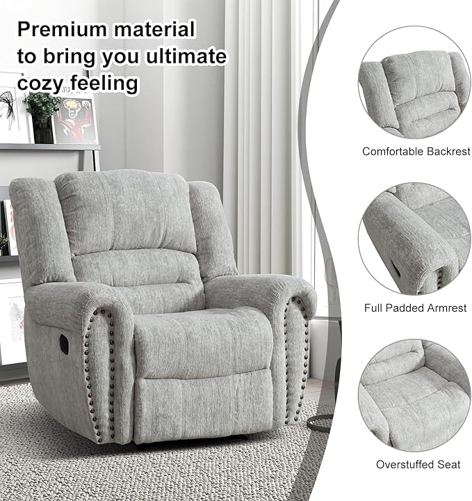 INZOY Recliner Chair Heavy Duty Manual Reclining Sofa Single Lounge Sofa for Living Room Home Theater Seating Grey White