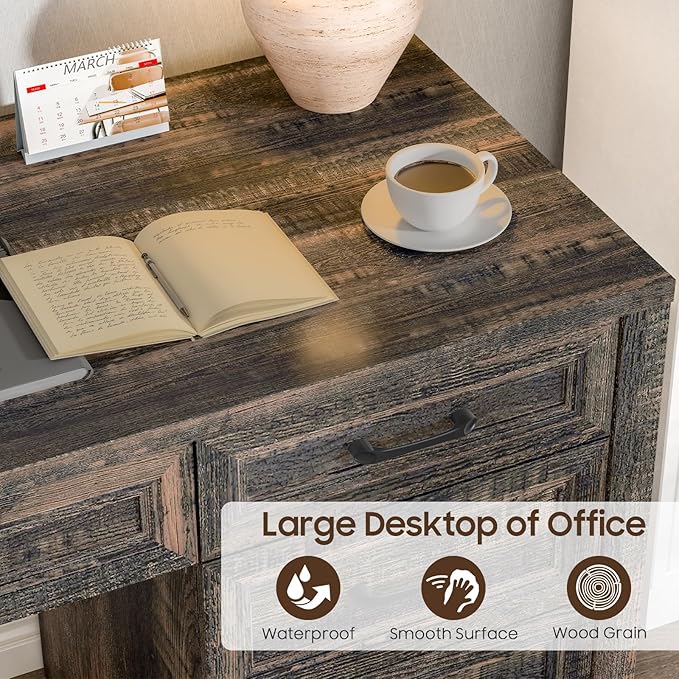 Vabches Farmhouse Executive Desk with Storage and Ample File Drawer Rustic Large Home Writing Desk for Bedroom Dark Oak