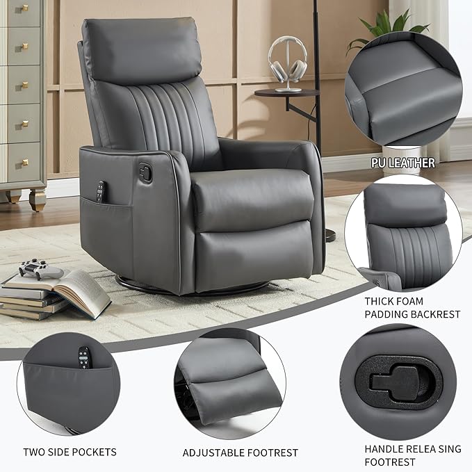 High Back Massage Recliner with Heat - Swivel Rocking Chair for Small Spaces Manual Lazy Boy Recliner for Adults Perfect for Living Room &amp Bedroom Soft Fabric (Grayish Green)