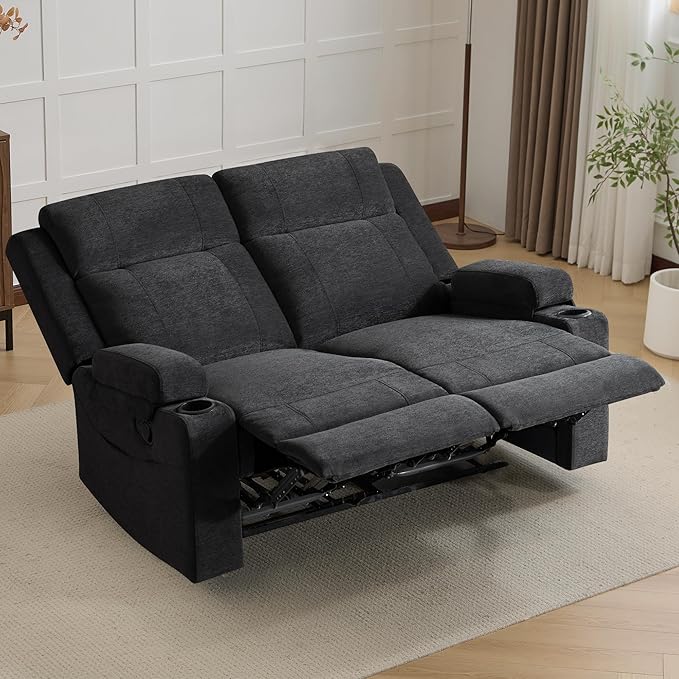 55 Loveseat Recliner Sofa with Cup Holders Manual Double Reclining Couch in Chenille Fabric Wide Seat &amp Side Pockets for Living Room Small Spaces Apartment and RV