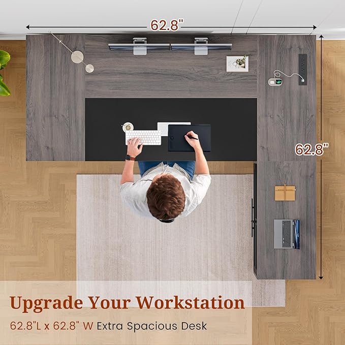 63 Executive Desk with Mobile File Cabinet Large Office Desk with Drawer Modern L Shaped Desk with Power Outlets Storage Shelves Corner Computer Desk Business Workstation Set (Grey)