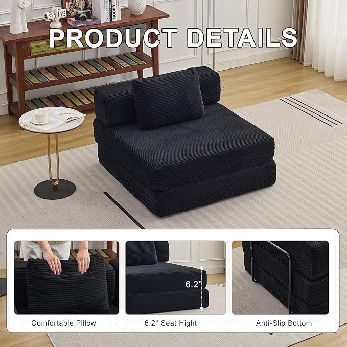 Folding Sofa Bed Convertible Sleeper Chair with Pillow Single Sofa with Back Support Portable Fold Out Chair Cloud Couch Bed Comfy Floor Sofa Lounge for Living Room Bedroom Black