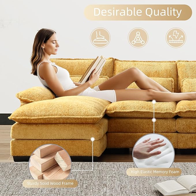 U Shape Sectional Sofa Cloud Couch 110.6 Modern Chenille Comfy Modular Couch 4 Seat Upholstery Sofa with Double Chaise for Living Room Yellow