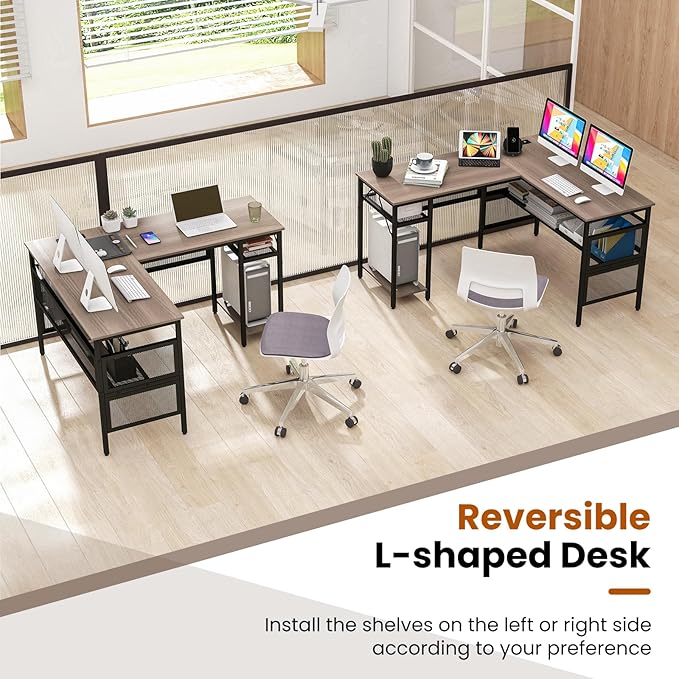 Tangkula Reversible L-Shaped Computer Desk with Charging Station &amp Shelves Large Corner Gaming Desk with Adjustable Shelf &amp CPU Stand Modern Study Writing Desk Home Office PC Workstation (Gr
