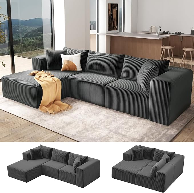 109 Modular Sectional SofaBoneless Couch for Living RoomCloud Sectional Couch with Deep SeatModular L-Shape Sofa with ChaiseNo Assembly RequiredGrey(Plush Corduroy Fabric)