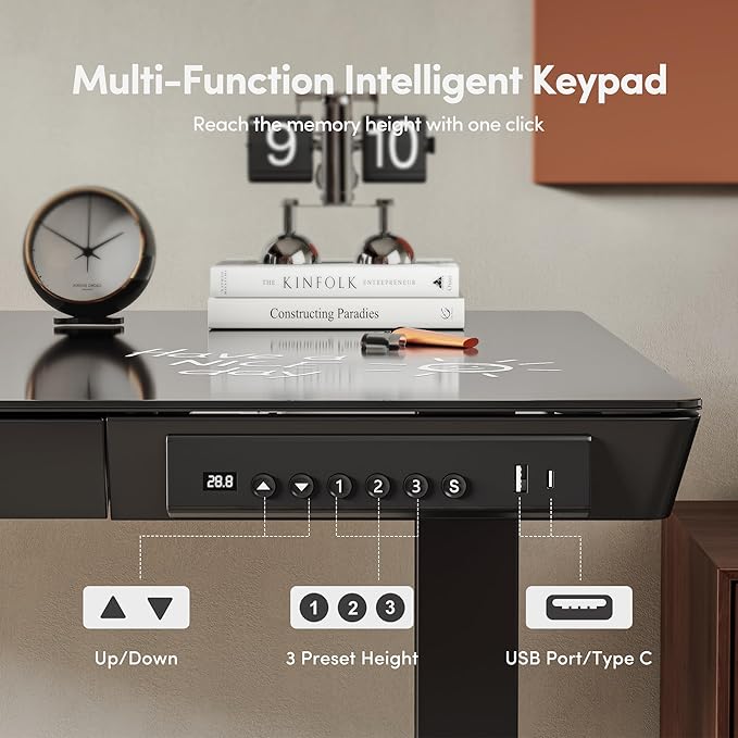 CubiCubi 48 × 24 Electric Standing Desk with Drawers Whole-Piece Glass Adjustable Height Desk One-Piece Quick Install Adjustable Sit Stand Desk Black
