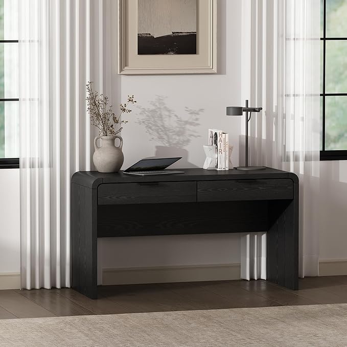 Manhattan Comfort Grace 54 Modern Office Desk with 2 Drawers Wood Table with Metal Recessed Handles for Work from Home Study Craft Stylish Executive Desk Black