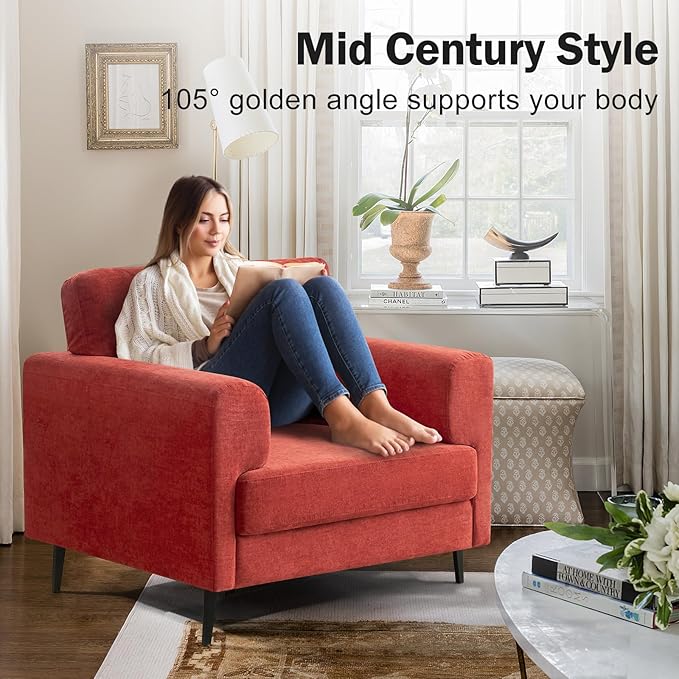 Oversized Accent Chair Upholstered Living Room Chairs Single Sofa Chair w/Metal Legs Comfy Chenill Fabric Reading Lounge Armchair for Apartment Bedroom Office Terracotta 1PC