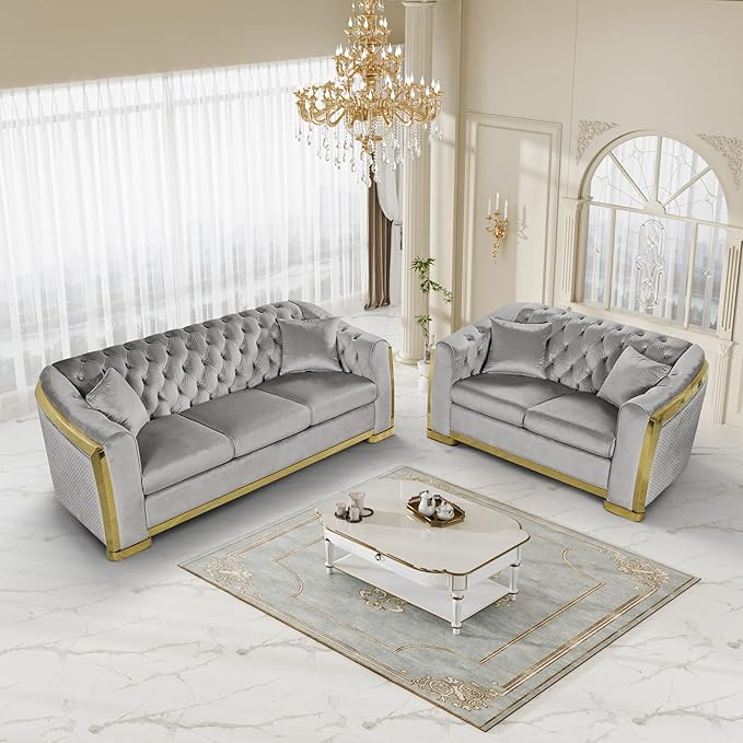 Mid Century Modern Chesterfield Sofa Couch 62 Velvet Couch Grey and Gold Sofa Luxury Curved Loveseat for Living Room 2 Seat Tufted Sofas with 4 Pillows &amp Classic Gold Legs Grey