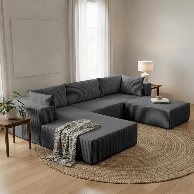 108 Boneless Couches for Living Room Modular Cloud Couch Sofa -4 Pieces U Shap Corduroy Sectional Sofa Fluffy Memory Foam Sleeper Sofa Furniture No Assembly Wide Armrest Grey