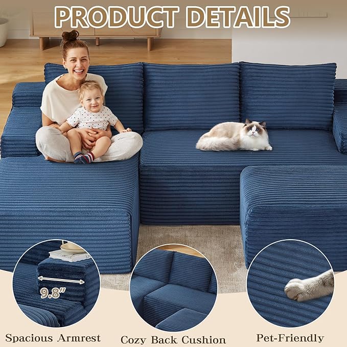 96 Cloud Sectional Couch with U-Shaped Chaise Corduroy Sectional Sofa with Ottoman Deep Seat Boneless Couch with Side Pocket for Living Room No Assembly Required (Blue Left Facing Chaise)