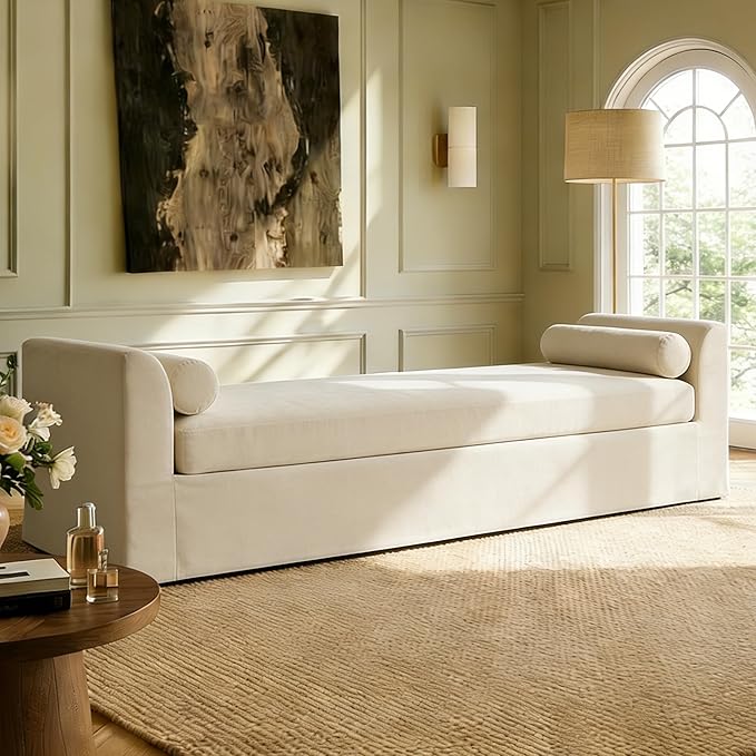 Mlmh &amp Kngwa Chaise Lounge Chair Indoor 88.5 Upholstered Oversized End of Bed Bench with 2 Pillows &amp Armrests Comfy Sleeper Couch Daybed Bench for Bedroom Living Room Chenille Beige