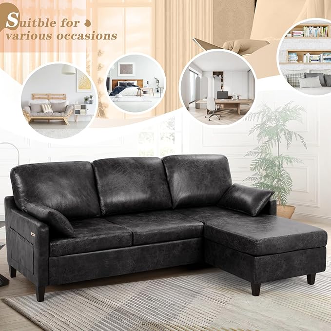 76 Sectional Sofa Couch w/Reversible Chaise Suede Leather L Shaped Sofa w/USB Charger Ports &amp Storage Bag Convertible Modern Couch w/Storage Space for Living Room Small Space Black