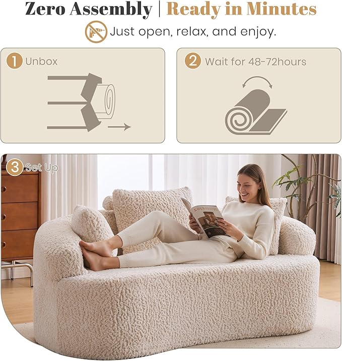 Premium Curved Loveseat Sofa Full-Compression 2-Seat Couch with Enhanced Back Support Modern Fabric Loveseat with Pillows Compact Luxury Sofa for Living Room or Apartment (Cream)