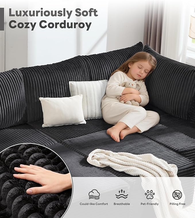 Tbfit Sectional Cloud Couch for Living Room Modular Sofa Bed with Angled Armrest Comfy Boneless Sofa with Wide Seat &amp Deep Seat Black