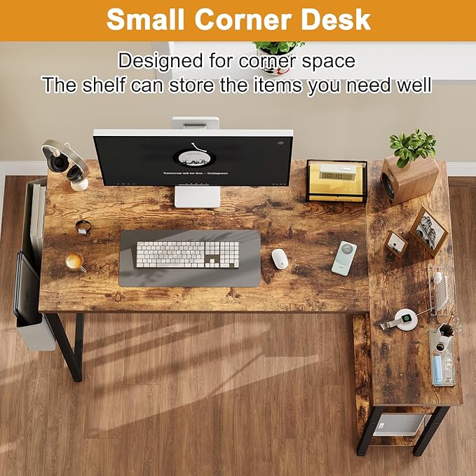Grandder L Shaped Computer Desk with Reversible Shelves 40 Inch Small Corner Desk with Storage Bag Gaming Desk Computer Table Study Writing Desk for Home Office Small Space Rustic Brown
