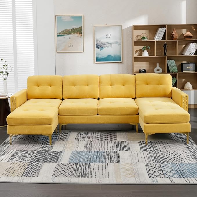 Polibi Luxury Velvet Convertible L-Shaped Sectional Sofa with Movable Ottoman 5-Seater Modern Couch with Storage Pockets for Living Room Apartment &amp Office (Yellow)