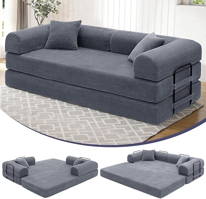 Convertible Sleeper Sofa Bed 1600lbs Weight Capacity Floor Sofa Bed with Fixed-Shape Frame Corduroy Foldable Couch for Small Space Lounge Mattress for Living Room Apartment Game Room (Dark Grey)