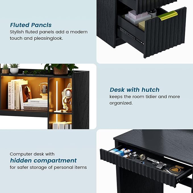 Home Office Desk with Hutch &amp LED Lights - 39 Computer Desk with Charging Station 3 Large Drawers Hidden Compartment &amp Fluted Panel DesignBlack Writing Desk for Bedroom Study