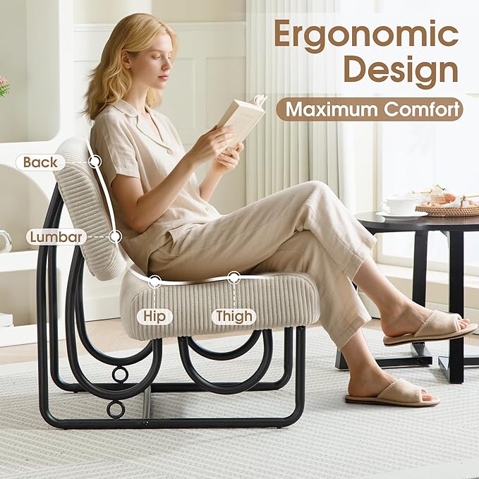 Armless Accent Chair Beige Upholstered Chair for Bedroom Comfy Modern Chair for Living Room Small Space Mid Century Accent Chair No Arm Lounge Chair