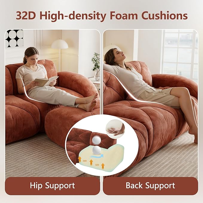Boneless Couch Sectional Couches for Living Room 140.9'' Cloud Couch with Deep Seat Comfy Soft Velvet Modular Sectional Sofa Modern Oversized 4-Seater Boneless Sofa No Assembly Red