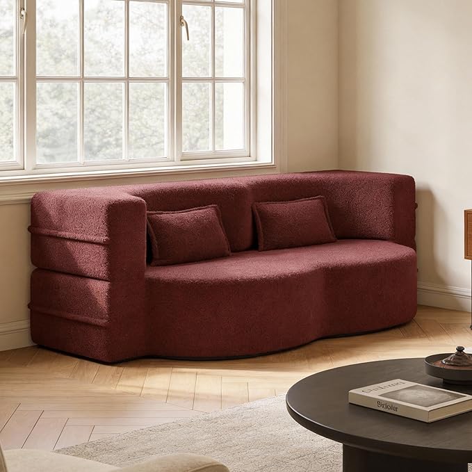 2 in 1 Convertible Compressed Sofa Bed 54'' Modern Boneless Loveseat Sleeper in a Box Floor Mattress Futon Couch No Assembly Needed Space Saving Burgundy 2 Pillows Full for Small Living Room