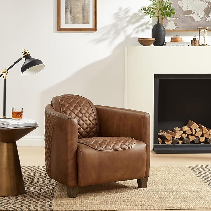 Zouron Genuine Leather Living Room Chair Mid Century Modern Single Sofa Chair with Wooden Legs Upholstered Barrel Accent Chair for Living Room Bedroom Home Office 1 Pcs Chocolate