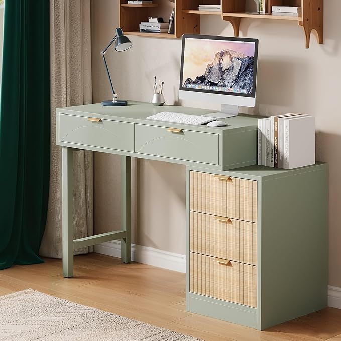 Tribesigns Computer Desk with 5 Drawers Reversible Small Writing Desk with Storage Modern Wooden Study Corner Table Workstation for Home Office Small Spaces Mint Green