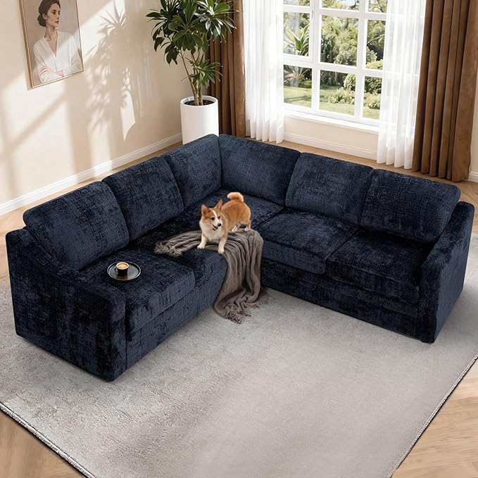 89 Inches Chenille Sectional Sofa with High Density Sponge Modern 5 Seats Corner Couch with Deep Seat Comfy Modular L Shaped Couch with Comfortable Back Cushions for Living Room Blue