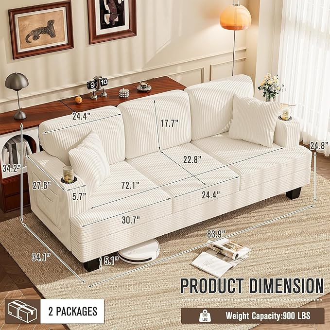 Homall Couches for Living Room 83 Couch with Soft Deep Seats Modern Sofa 3 Seater in Corduroy for Apartment Bedroom (Beige)