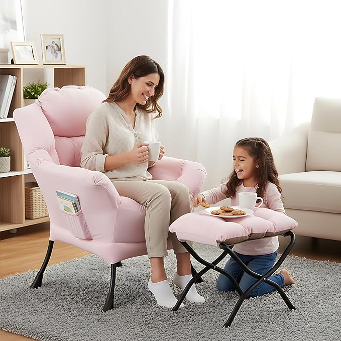 Welnow Pink Lazy Chair with Ottoman Modern Reading Accent Chair with Armrests and a Side Pocket Leisure Upholstered Lazy Sofa Set with Footrest for Small Space