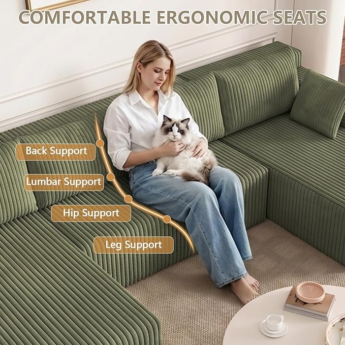 124 U Shaped Cloud Couch Sectional Corduroy Upholstered 4-Seater Cloud Couches for Living Room Deep Seat Modular Boneless Sofa with Lounge Chaise No Assembly Required Green