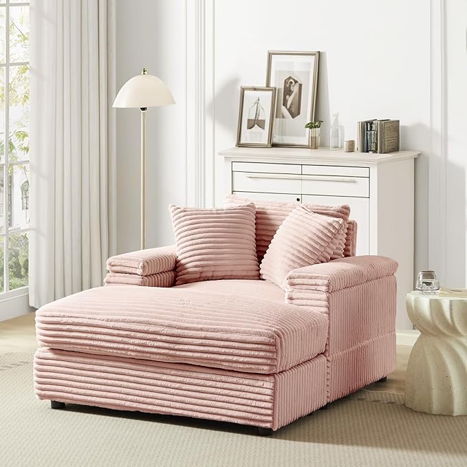 Chaise Lounge Chair Indoor 44 Inch Comfy Corduroy Sectional Cloud Couch Upholstered Single Sofa w/Movable Ottoman for Living Room Bedroom Apartment Pink