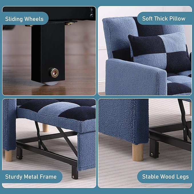 Convertible Sleeper Sofa Chair 3 in 1 Multi-Function Folding Ottoman Couch Sigle Pull-Out Bed with Adjustable Backrest and Pillow for Living Room Apartment Office Blue