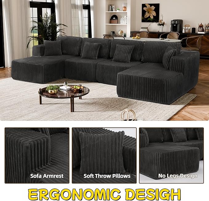 132 U Shaped Boneless Couch Cloud Sectional Modular Sofa with Double Chaise Lounge Corduroy Cloud Couch with Pillows &amp Deep Seat Boneless Sofa for Living Room Grey