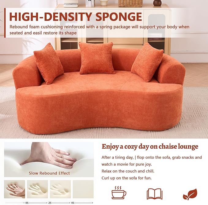 Luxury 80” Curved Loveseat Sofa Chenille Curved Couch with 2 Big Pillows &amp Extra Wide Armrests Comfy Upholstered Oversized Loveseat Couch &amp Sofa for Living Room (Orange 80 Inches)