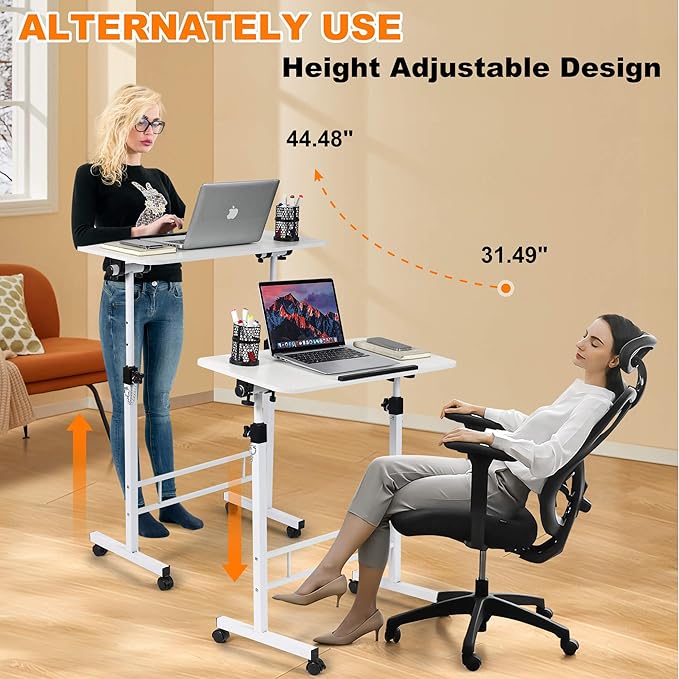 Small Standing Desk Adjustable HeightRolling Computer DeskMobile Standing Desk with WheelsPortable Stand Up DeskTall Computer TableAdjustable Desktop Sit Stand DeskSize 31.5x15.7 Inch White