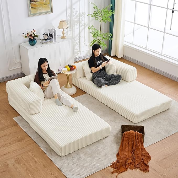 All-in-1 Folding Convertible Sofa Bed Boneless Futon Floor Couch Corduroy Fold Out Modular Lounge Comfy Loveseat Sleeper Lazy Cama for Living Room Bedroom Guestroom Beige（Wide Stripes）
